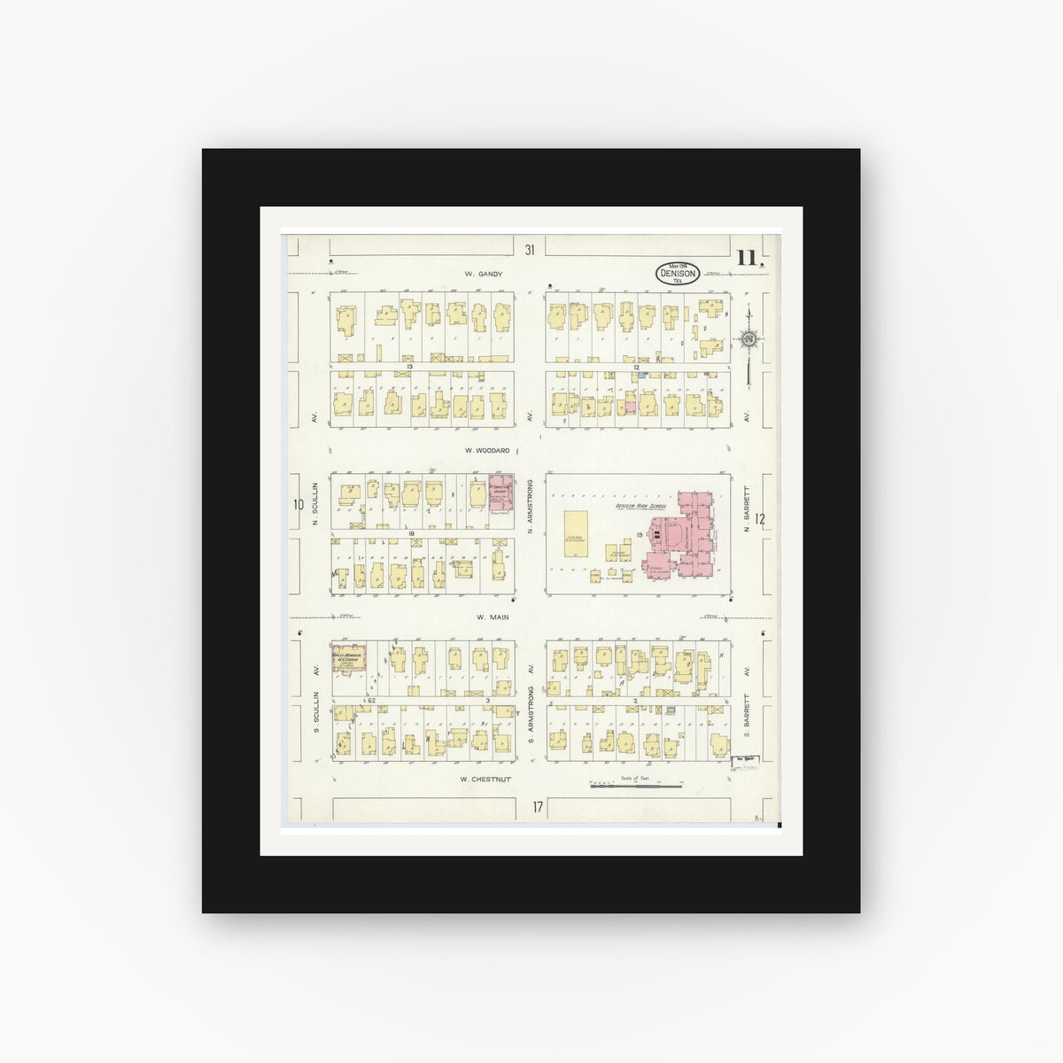 Old map wall art mockup — black gallery frame with white mat — Sanborn Fire Insurance Map from Denison, Grayson County, Texas (1914), Sheet #0011