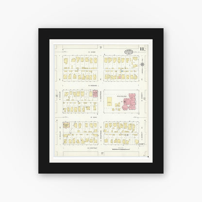 Old map wall art mockup — black gallery frame with white mat — Sanborn Fire Insurance Map from Denison, Grayson County, Texas (1914), Sheet #0011