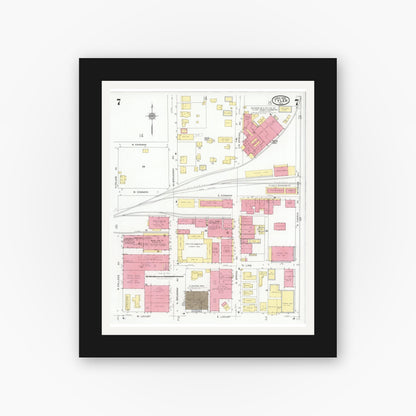 Old map wall art mockup — black gallery frame with white mat — Sanborn Fire Insurance Map from Tyler, Smith County, Texas (1928), Sheet #0007