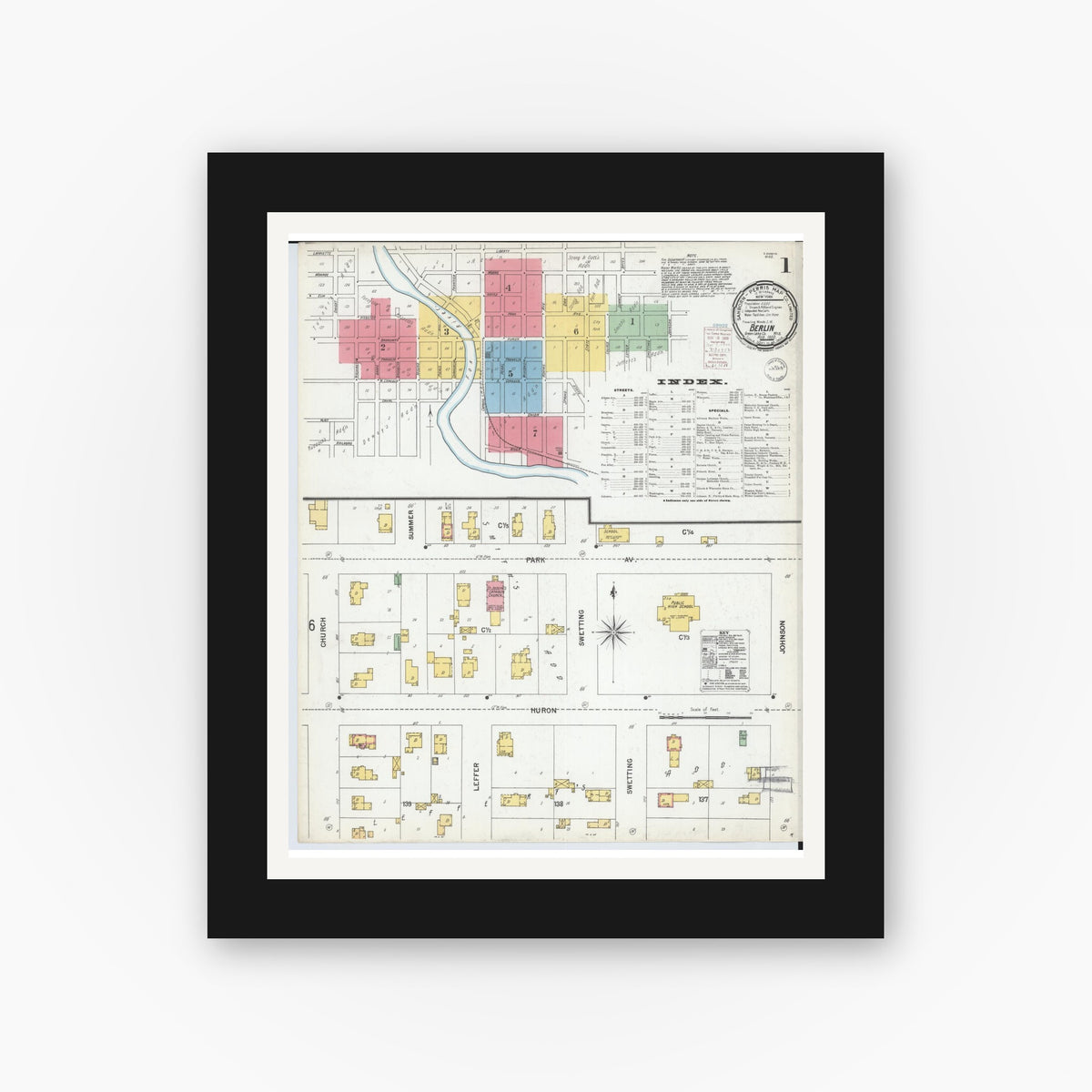 Old map wall art mockup — black gallery frame with white mat — Sanborn Fire Insurance Map from Berlin, Green Lake County, Wisconsin (1900), Sheet #0001