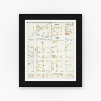 Old map wall art mockup — black gallery frame with white mat — Sanborn Fire Insurance Map from Mount Vernon, Knox County, Ohio (1892), Sheet #0009