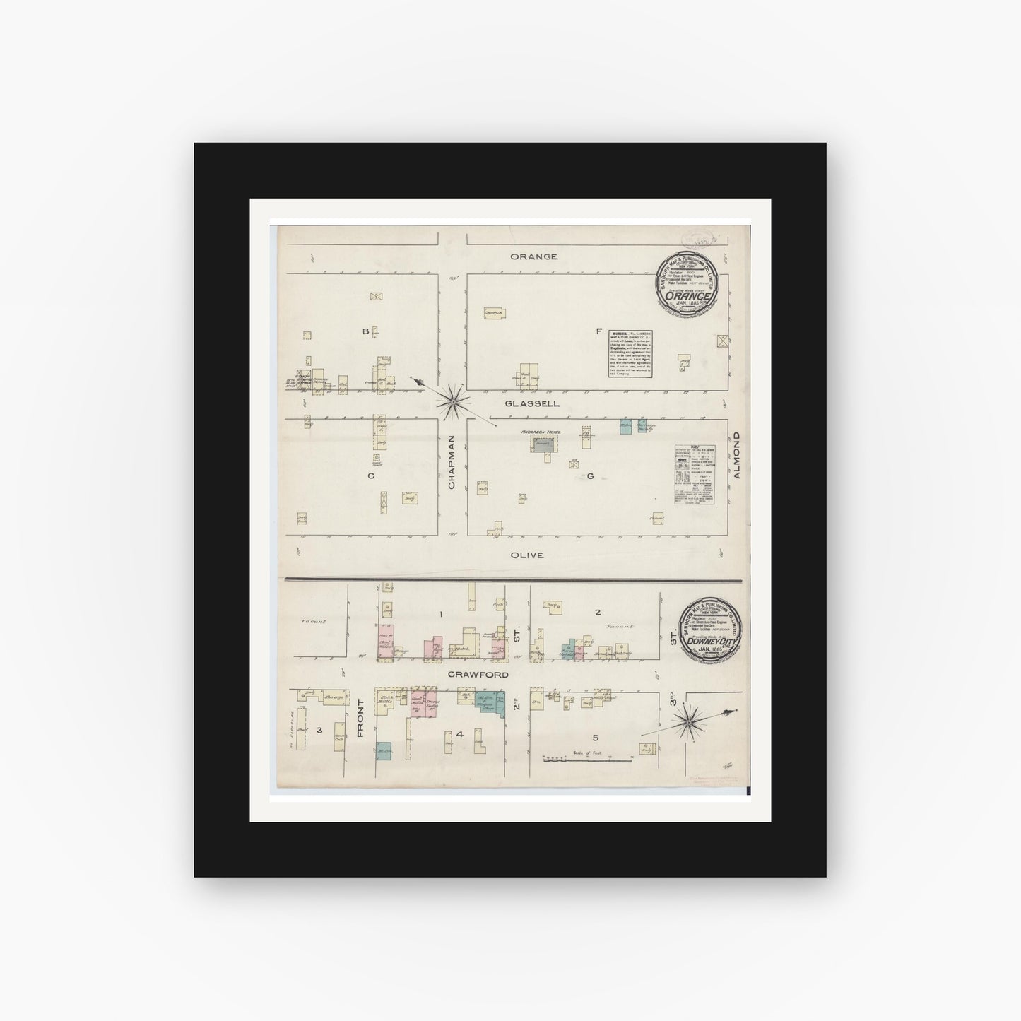 Old map wall art mockup — black gallery frame with white mat — Sanborn Fire Insurance Map from Orange, Orange County, California (1885), Sheet #0001
