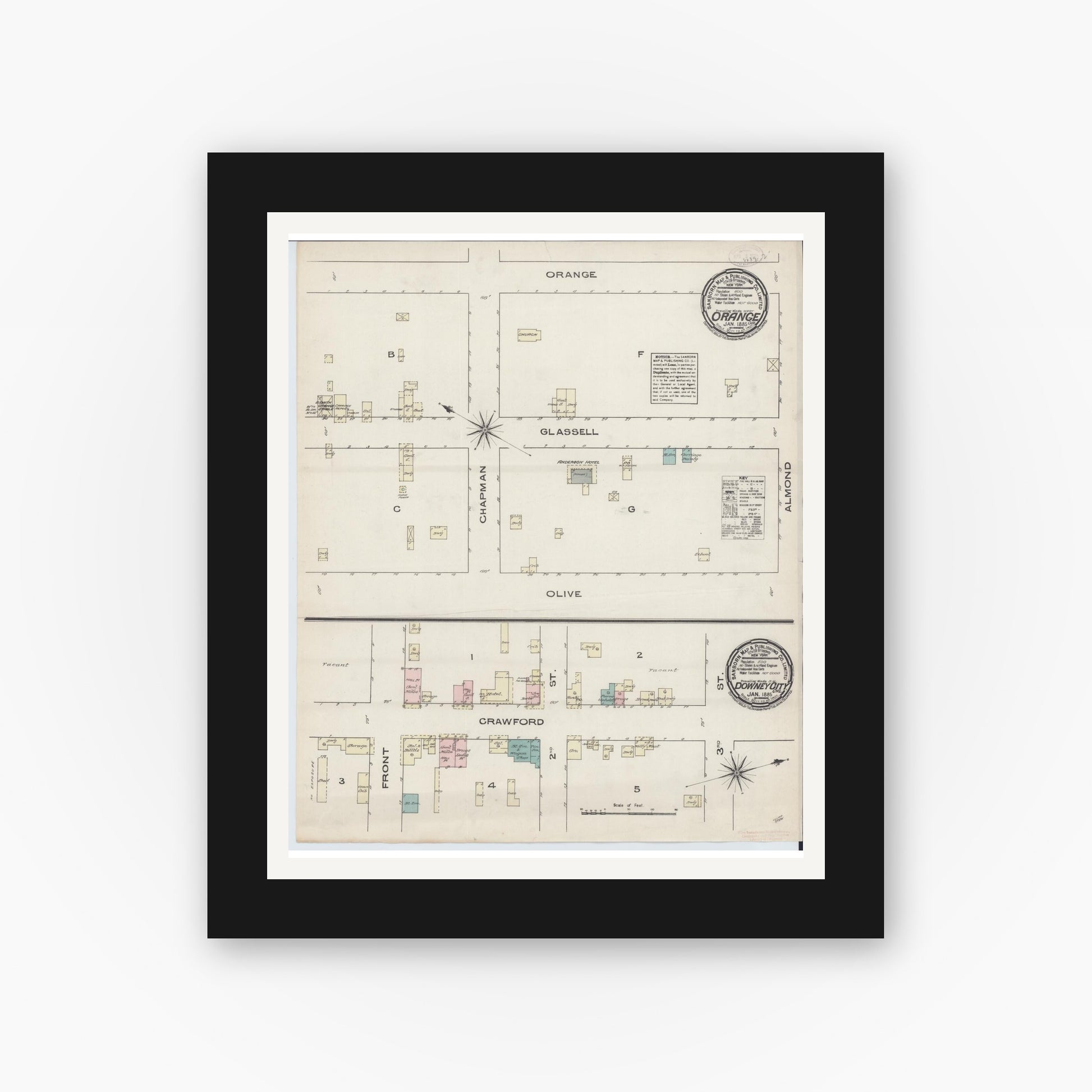 Old map wall art mockup — black gallery frame with white mat — Sanborn Fire Insurance Map from Orange, Orange County, California (1885), Sheet #0001