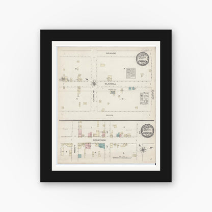 Old map wall art mockup — black gallery frame with white mat — Sanborn Fire Insurance Map from Orange, Orange County, California (1885), Sheet #0001