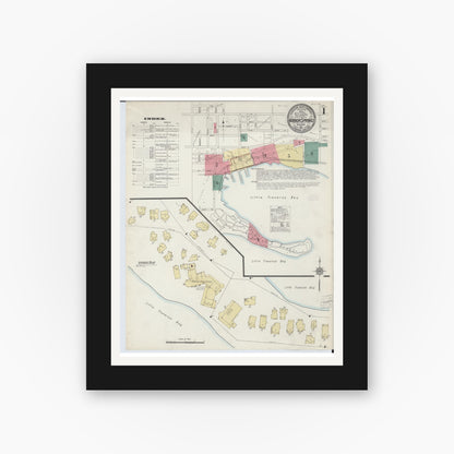Old map wall art mockup — black gallery frame with white mat — Sanborn Fire Insurance Map from Harbor Springs, Emmet County, Michigan (1912) - Complete Map Set