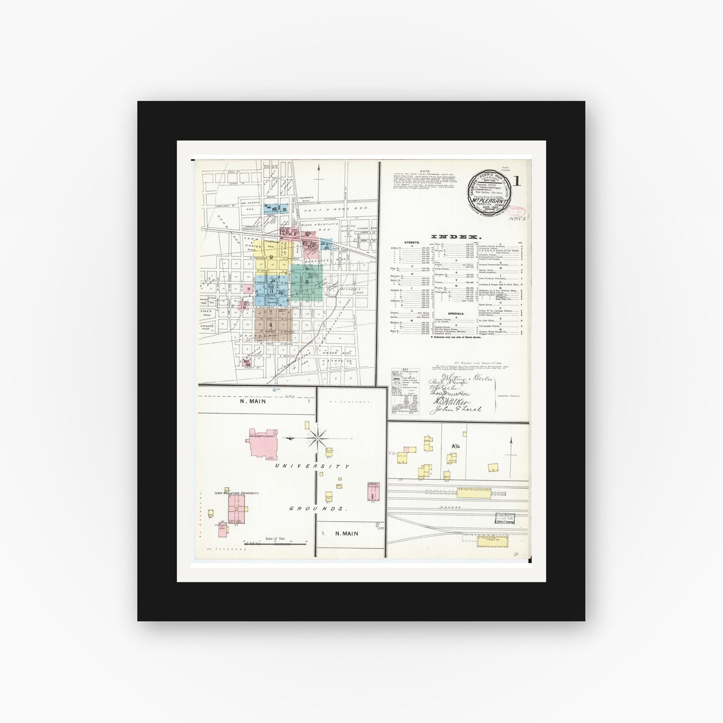 Old map wall art mockup — black gallery frame with white mat — Sanborn Fire Insurance Map from Mount Pleasant, Henry County, Iowa (1892) â€” Complete Set