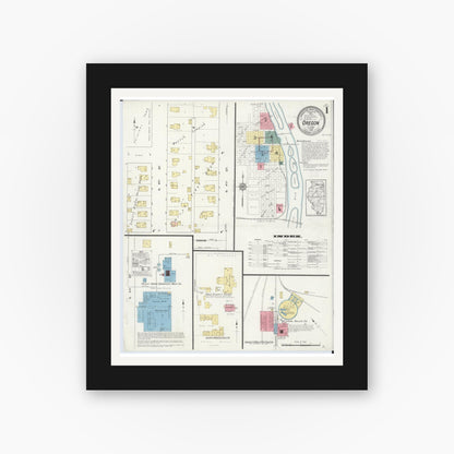 Old map wall art mockup — black gallery frame with white mat — Sanborn Fire Insurance Map from Oregon, Ogle County, Illinois (1913) - Complete Map Set