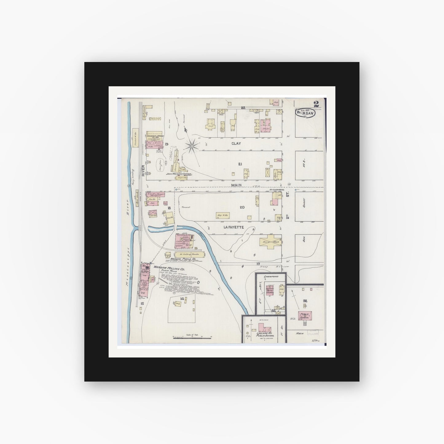 Old map wall art mockup — black gallery frame with white mat — Sanborn Fire Insurance Map from Warsaw, Hancock County, Illinois (1890), Sheet #0002