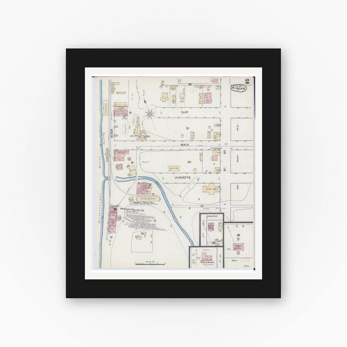 Old map wall art mockup — black gallery frame with white mat — Sanborn Fire Insurance Map from Warsaw, Hancock County, Illinois (1890), Sheet #0002