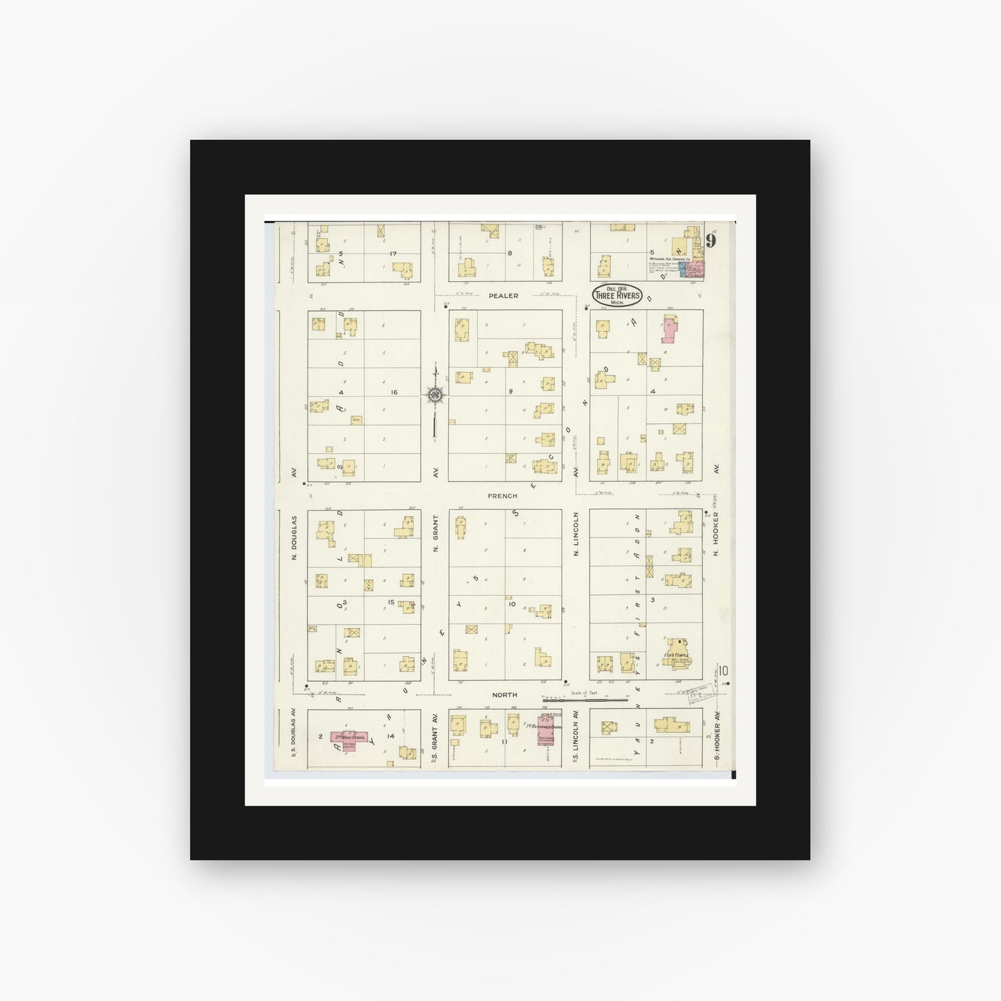 Old map wall art mockup — black gallery frame with white mat — Sanborn Fire Insurance Map from Three Rivers, Saint Joseph County, Michigan (1916), Sheet #0009
