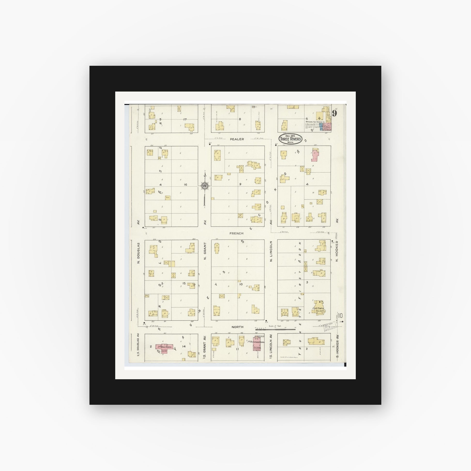 Old map wall art mockup — black gallery frame with white mat — Sanborn Fire Insurance Map from Three Rivers, Saint Joseph County, Michigan (1916), Sheet #0009