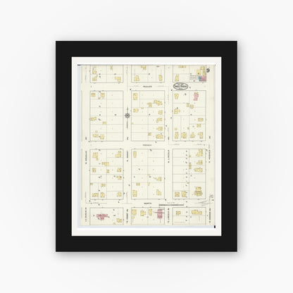Old map wall art mockup — black gallery frame with white mat — Sanborn Fire Insurance Map from Three Rivers, Saint Joseph County, Michigan (1916), Sheet #0009