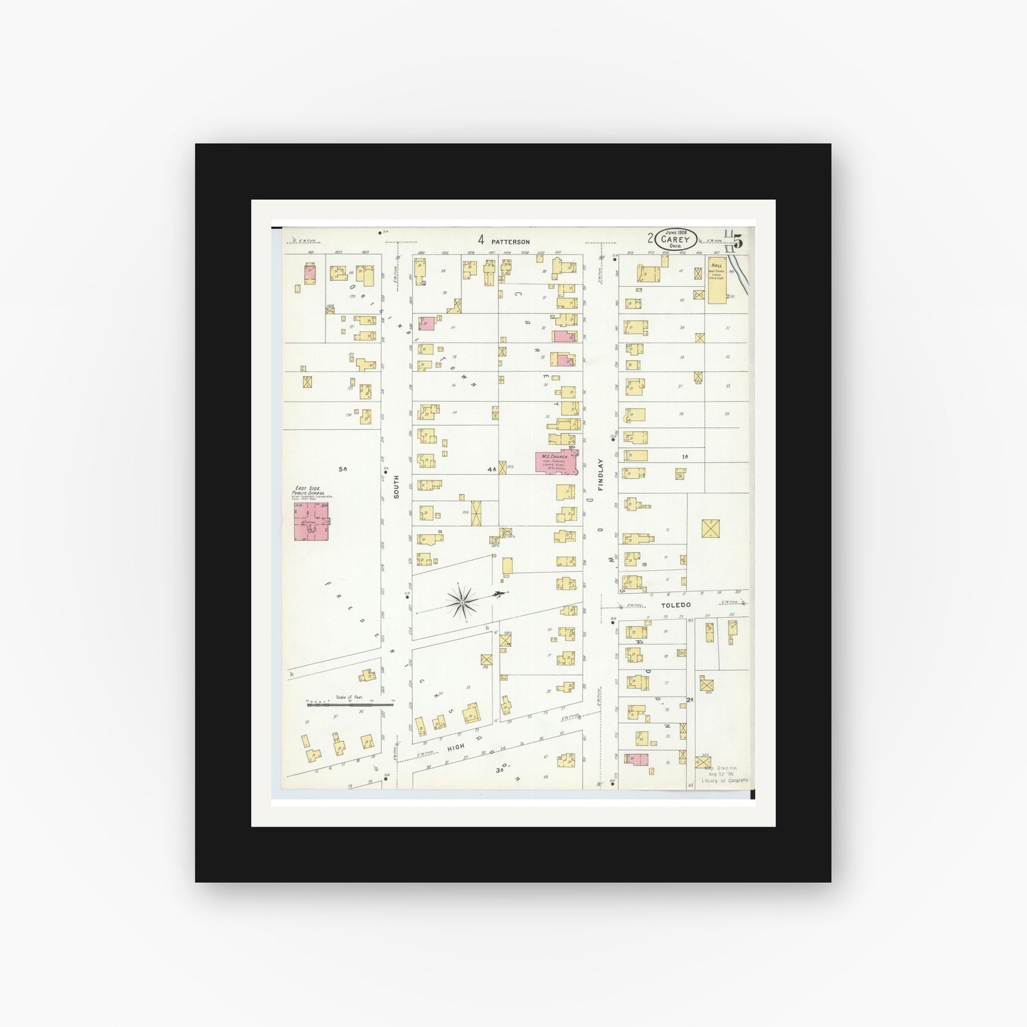 Old map wall art mockup — black gallery frame with white mat — Sanborn Fire Insurance Map from Carey, Wyandot County, Ohio (1908), Sheet #0005