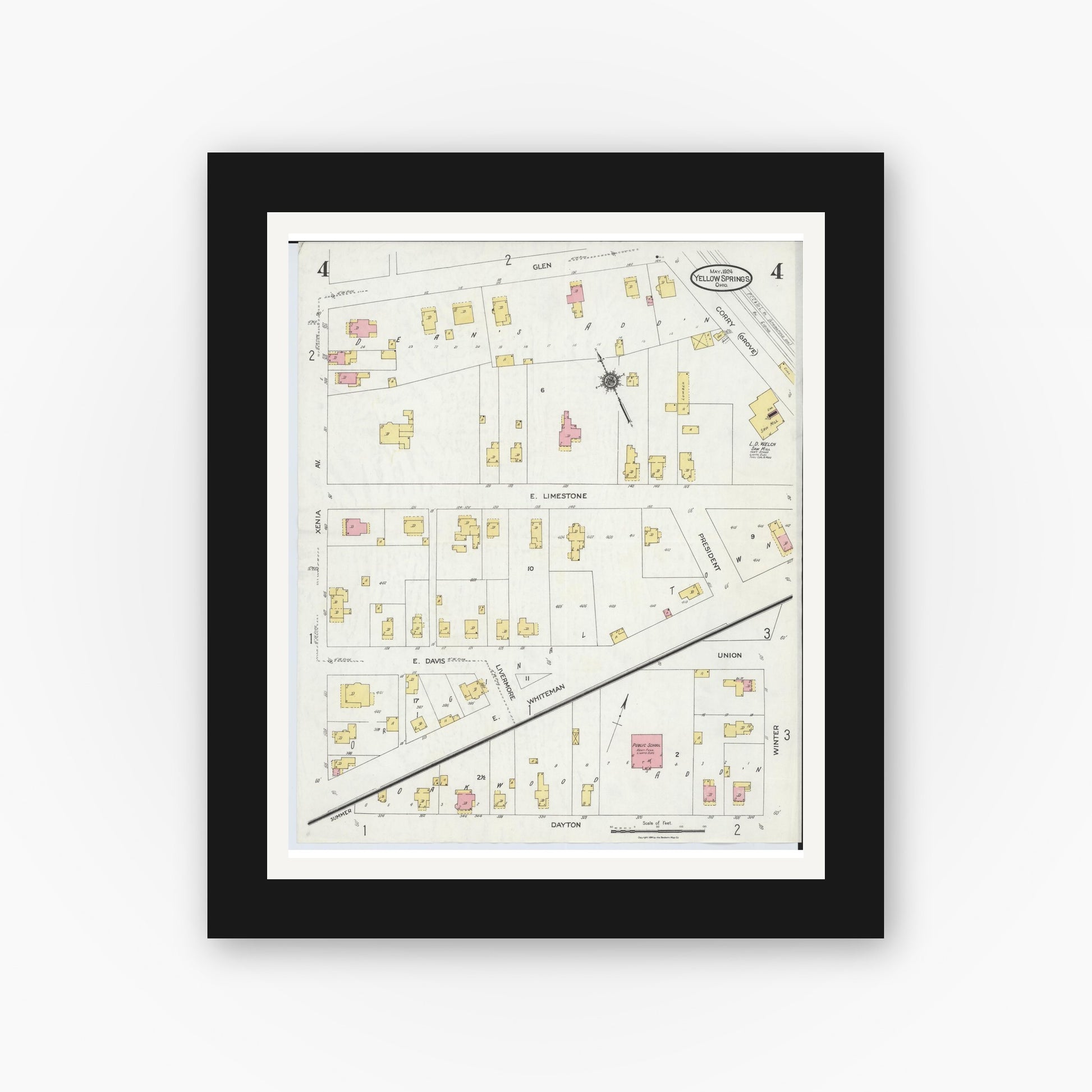 Old map wall art mockup — black gallery frame with white mat — Sanborn Fire Insurance Map from Yellow Springs, Greene County, Ohio (1924), Sheet #0004