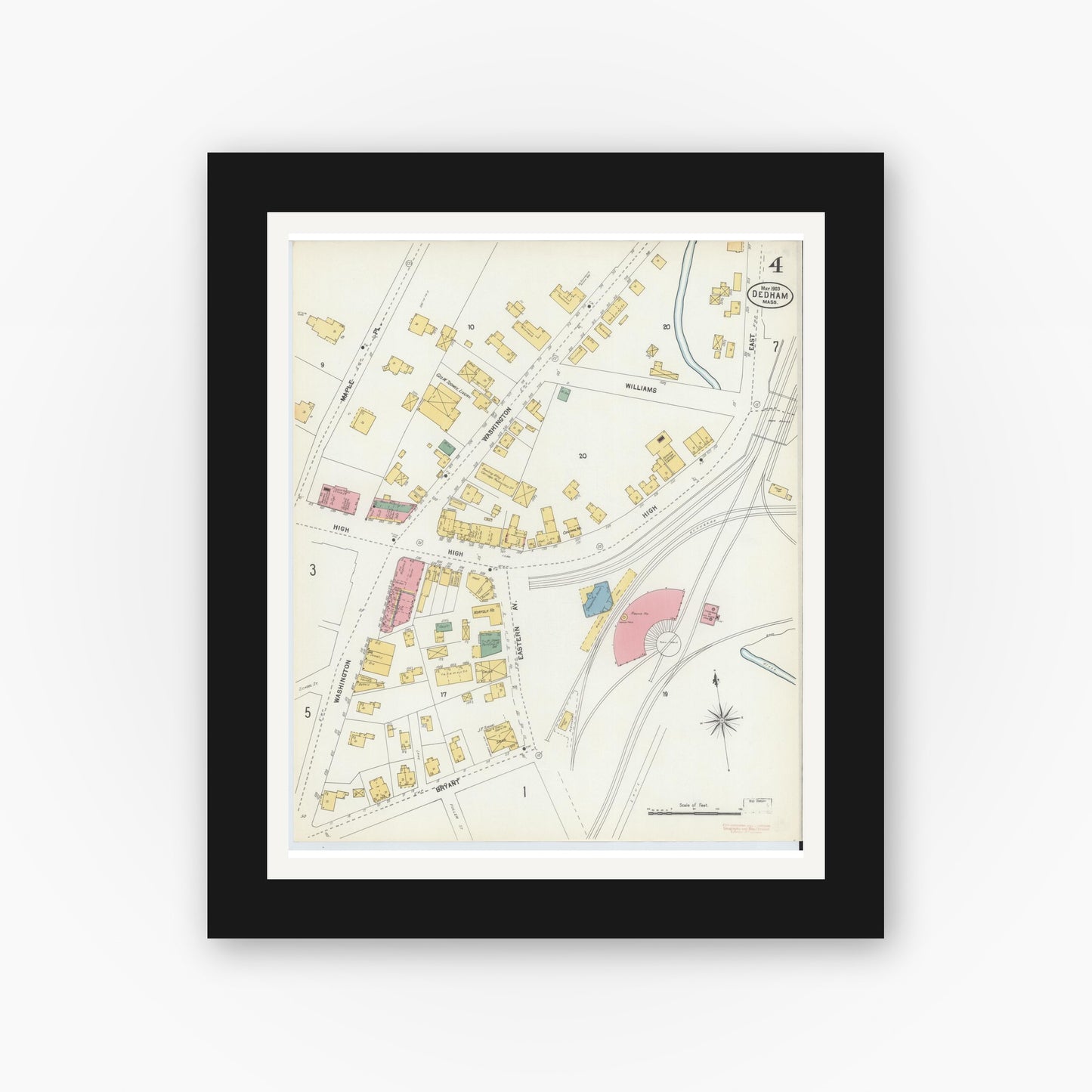 Old map wall art mockup — black gallery frame with white mat — Sanborn Fire Insurance Map from Dedham, Norfolk County, Massachusetts (1903), Sheet #0004