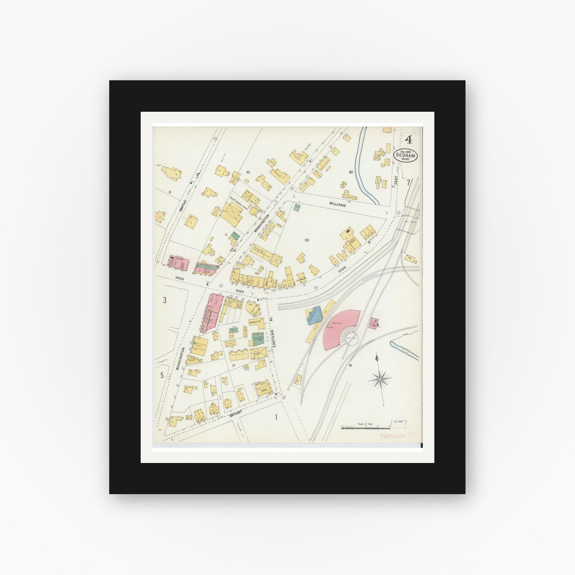 Old map wall art mockup — black gallery frame with white mat — Sanborn Fire Insurance Map from Dedham, Norfolk County, Massachusetts (1903), Sheet #0004
