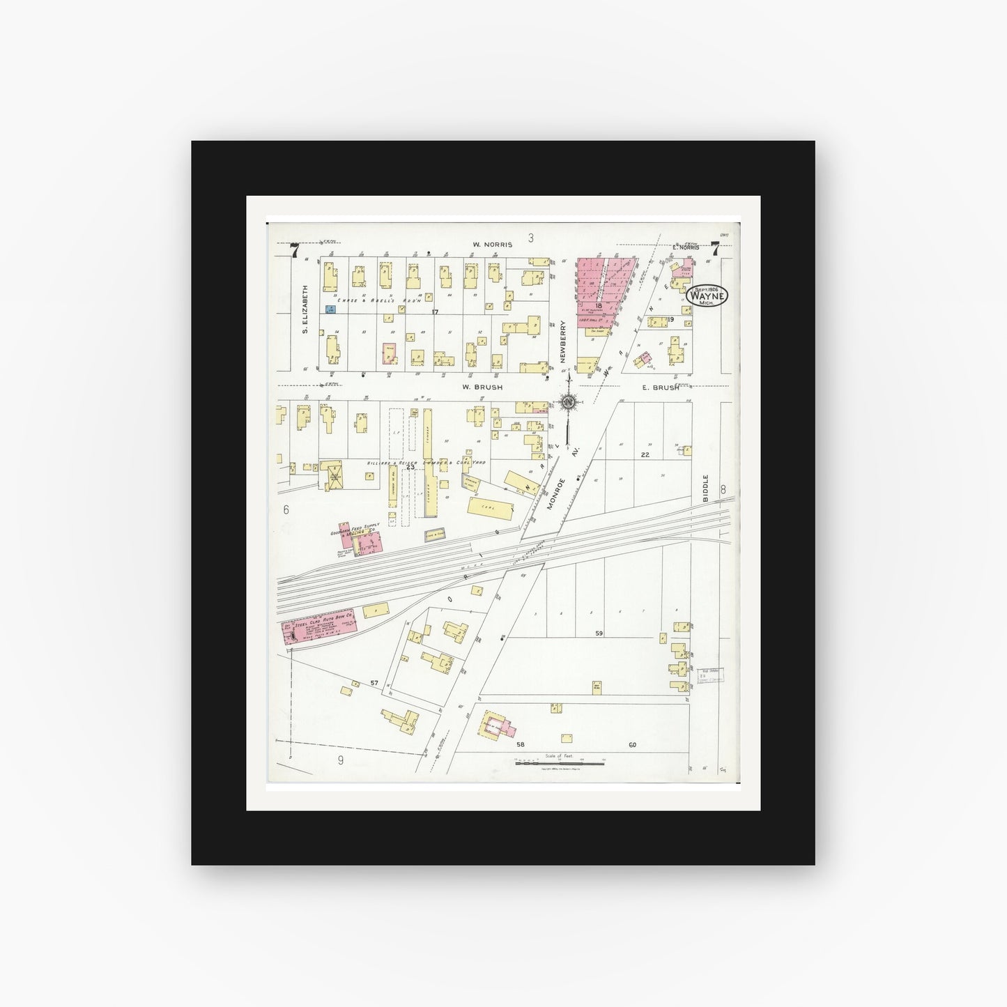 Old map wall art mockup — black gallery frame with white mat — Sanborn Fire Insurance Map from Wayne, Wayne County, Michigan (1926), Sheet #0007