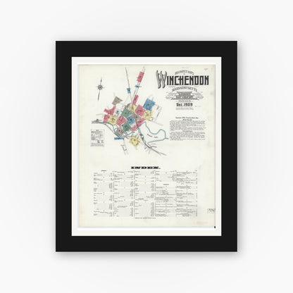 Old map wall art mockup — black gallery frame with white mat — Sanborn Fire Insurance Map from Winchendon, Worcester County, Massachusetts (1909) - Complete Map Set