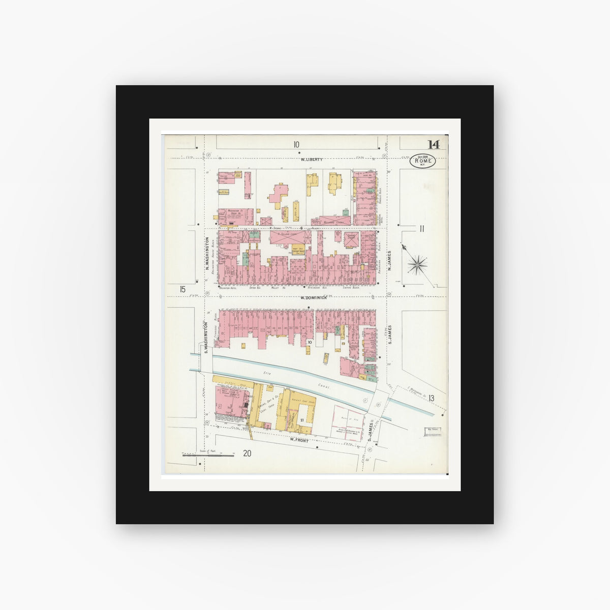 Old map wall art mockup — black gallery frame with white mat — Sanborn Fire Insurance Map from Rome, Oneida County, New York (1899), Sheet #0014