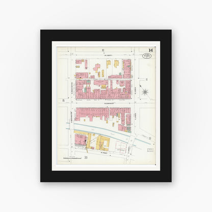 Old map wall art mockup — black gallery frame with white mat — Sanborn Fire Insurance Map from Rome, Oneida County, New York (1899), Sheet #0014