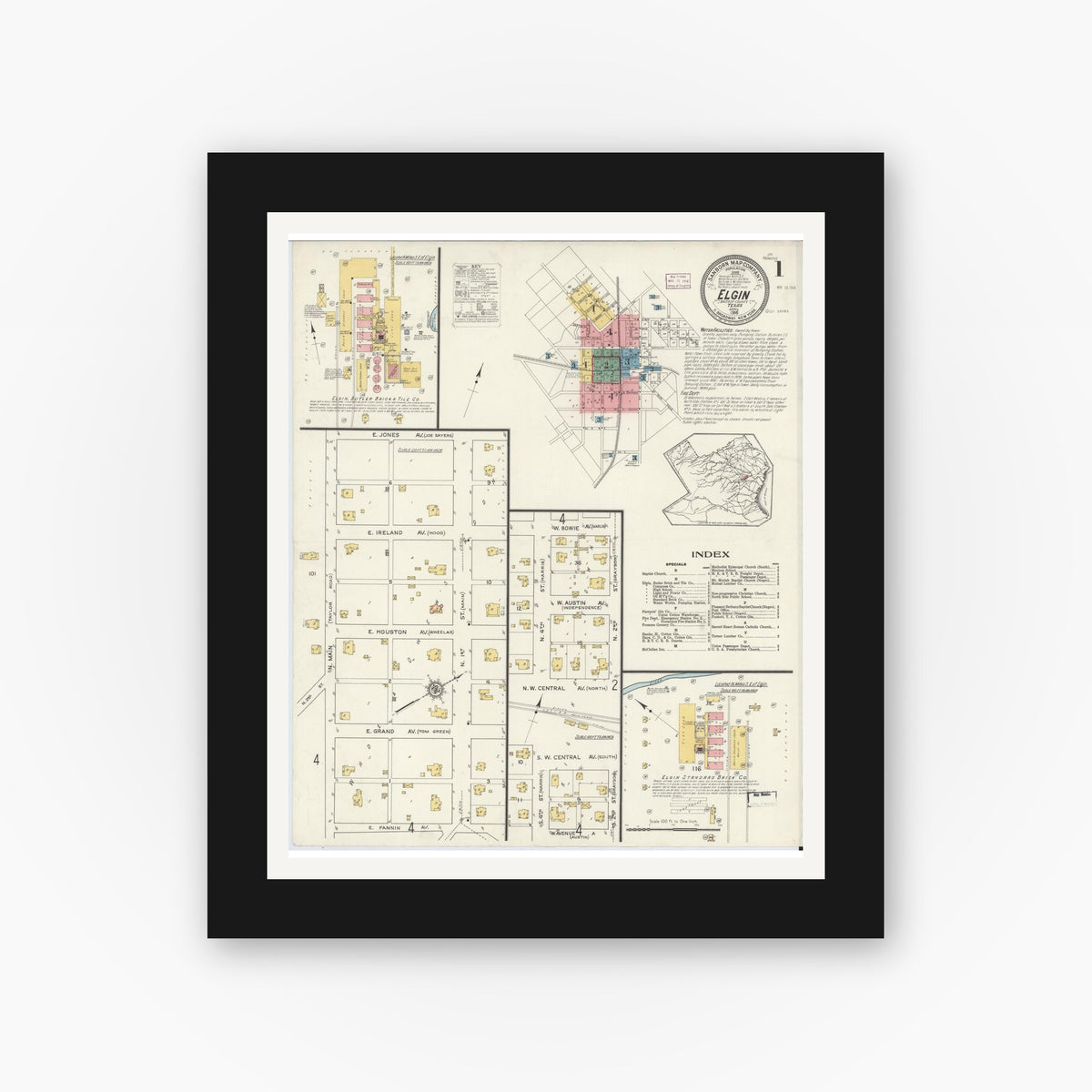 Old map wall art mockup — black gallery frame with white mat — Sanborn Fire Insurance Map from Elgin, Bastrop County, Texas (1916), Sheet #0001