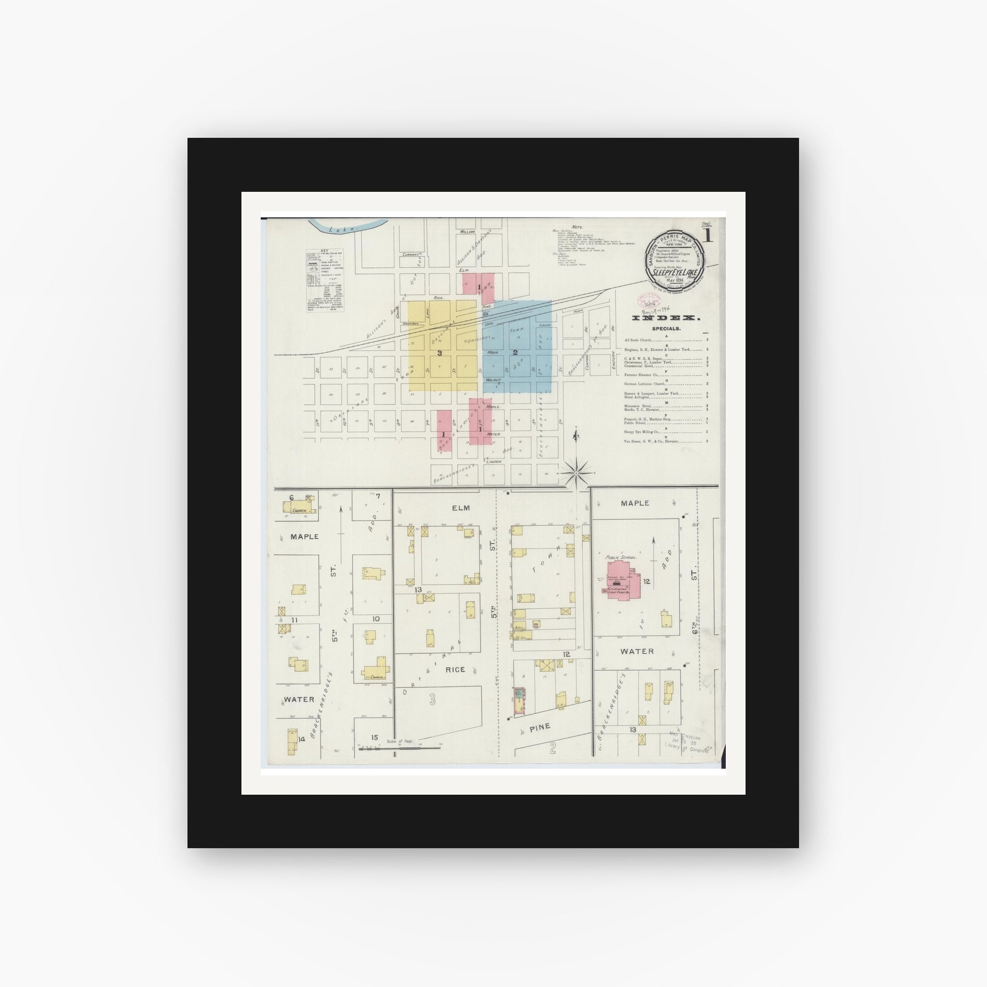 Old map wall art mockup — black gallery frame with white mat — Sanborn Fire Insurance Map from Sleepy Eye, Brown County, Minnesota (1894) - Complete Map Set