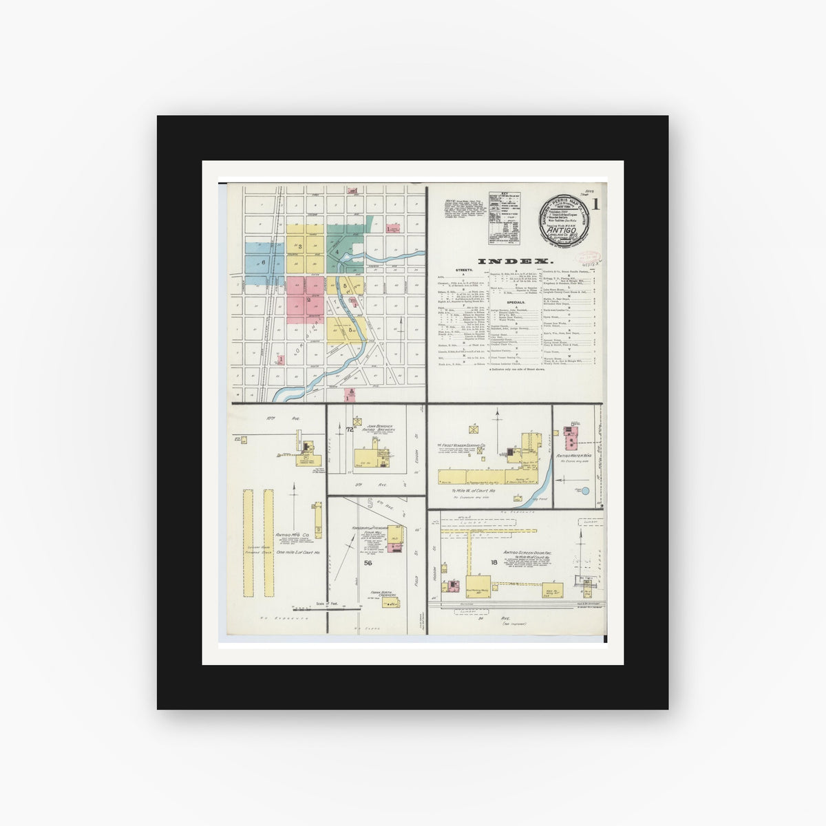 Old map wall art mockup — black gallery frame with white mat — Sanborn Fire Insurance Map from Antigo, Langlade County, Wisconsin (1892) - Complete Map Set