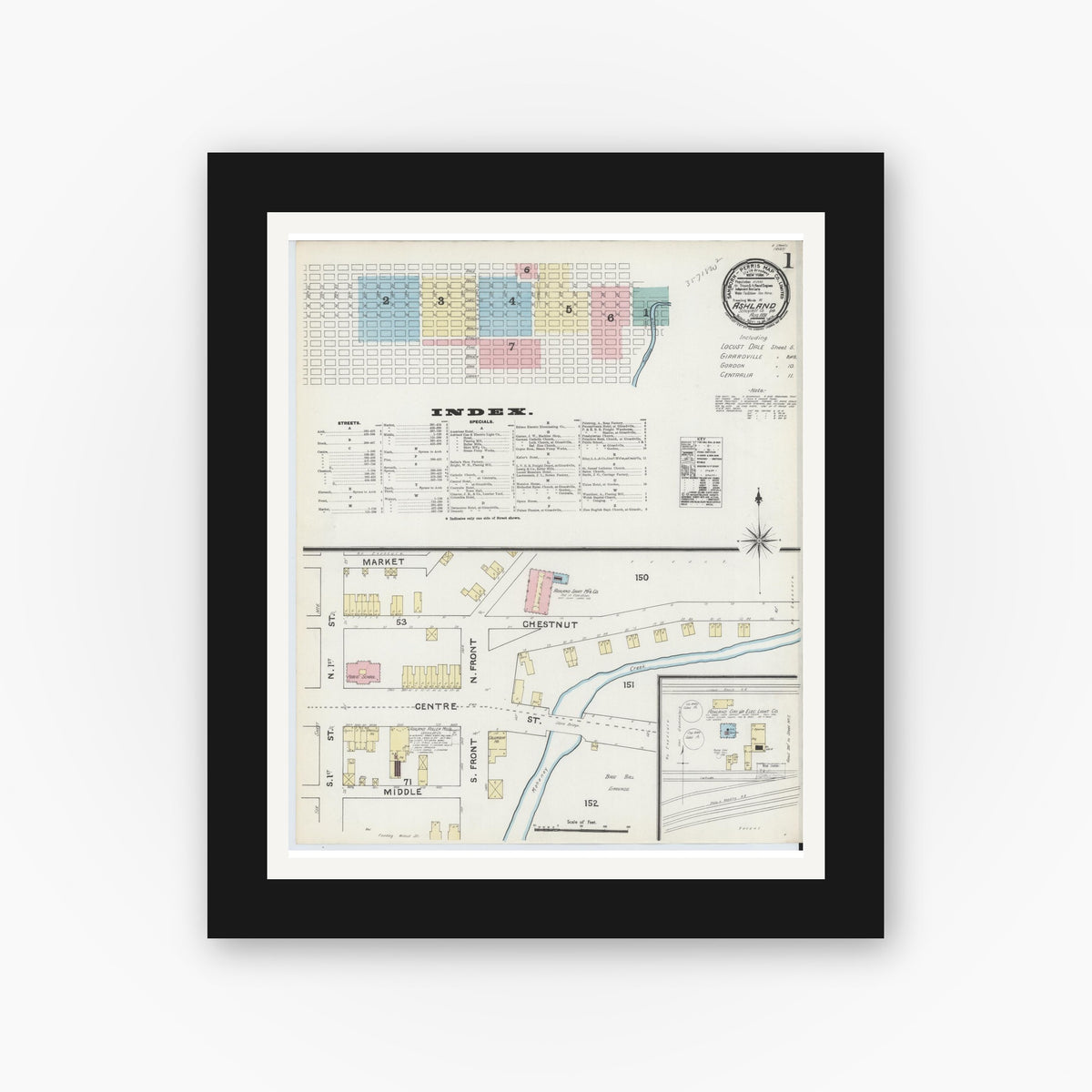 Old map wall art mockup — black gallery frame with white mat — Sanborn Fire Insurance Map from Ashland, Schuylkill County, Pennsylvania (1891) - Complete Map Set