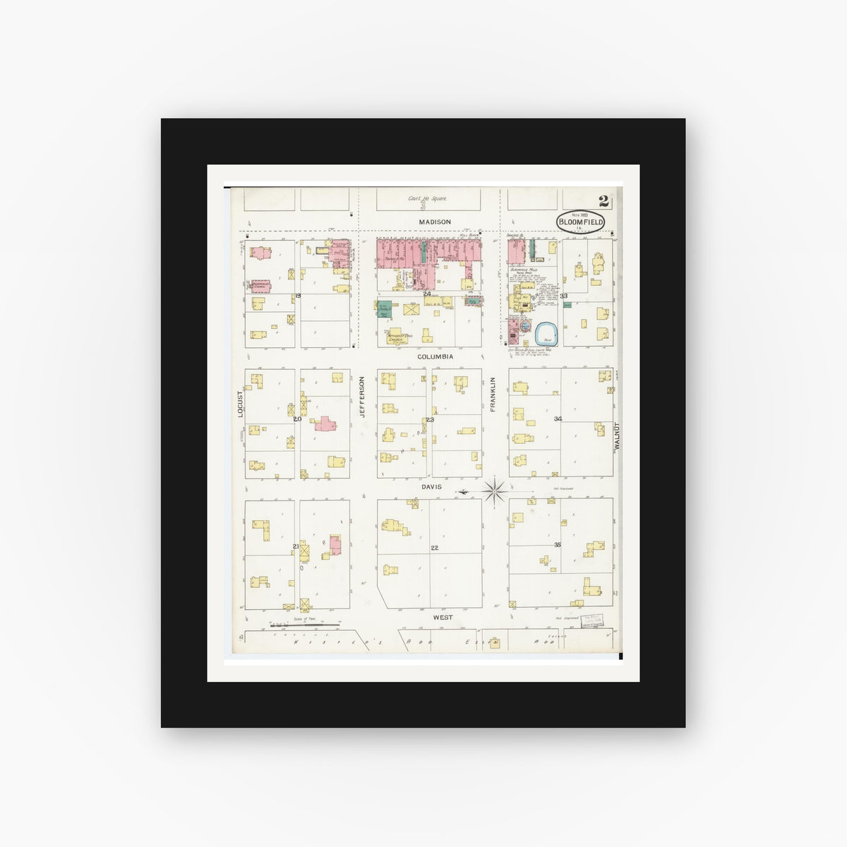Old map wall art mockup — black gallery frame with white mat — Sanborn Fire Insurance Map from Bloomfield, Davis County, Iowa (1893), Sheet #0002