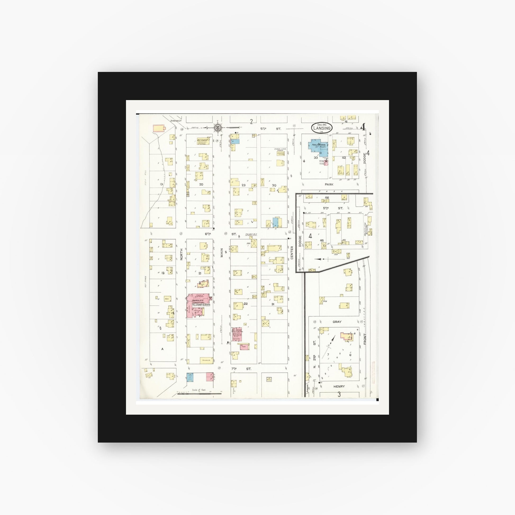 Old map wall art mockup — black gallery frame with white mat — Sanborn Fire Insurance Map from Lansing, Allamakee County, Iowa (1912), Sheet #0004