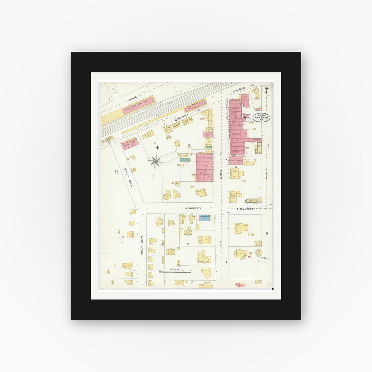 Old map wall art mockup — black gallery frame with white mat — Sanborn Fire Insurance Map from High Point, Guilford County, North Carolina (1906), Sheet #0007