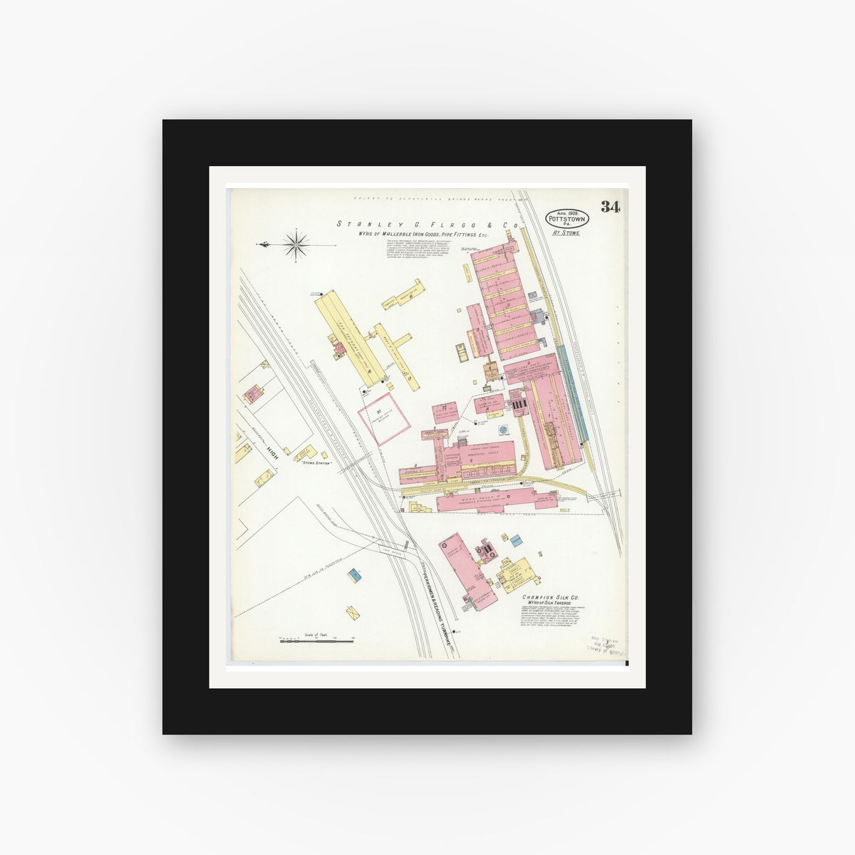 Old map wall art mockup — black gallery frame with white mat — Sanborn Fire Insurance Map from Pottstown, Montgomery County, Pennsylvania (1909), Sheet #0034