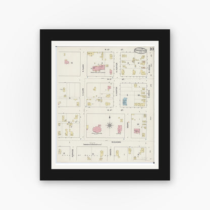Old map wall art mockup — black gallery frame with white mat — Sanborn Fire Insurance Map from Rochester, Olmsted County, Minnesota (1890), Sheet #0010