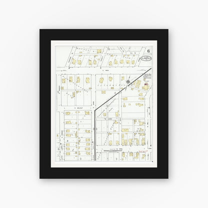 Old map wall art mockup — black gallery frame with white mat — Sanborn Fire Insurance Map from Plainfield, Hendricks County, Indiana (1920), Sheet #0006