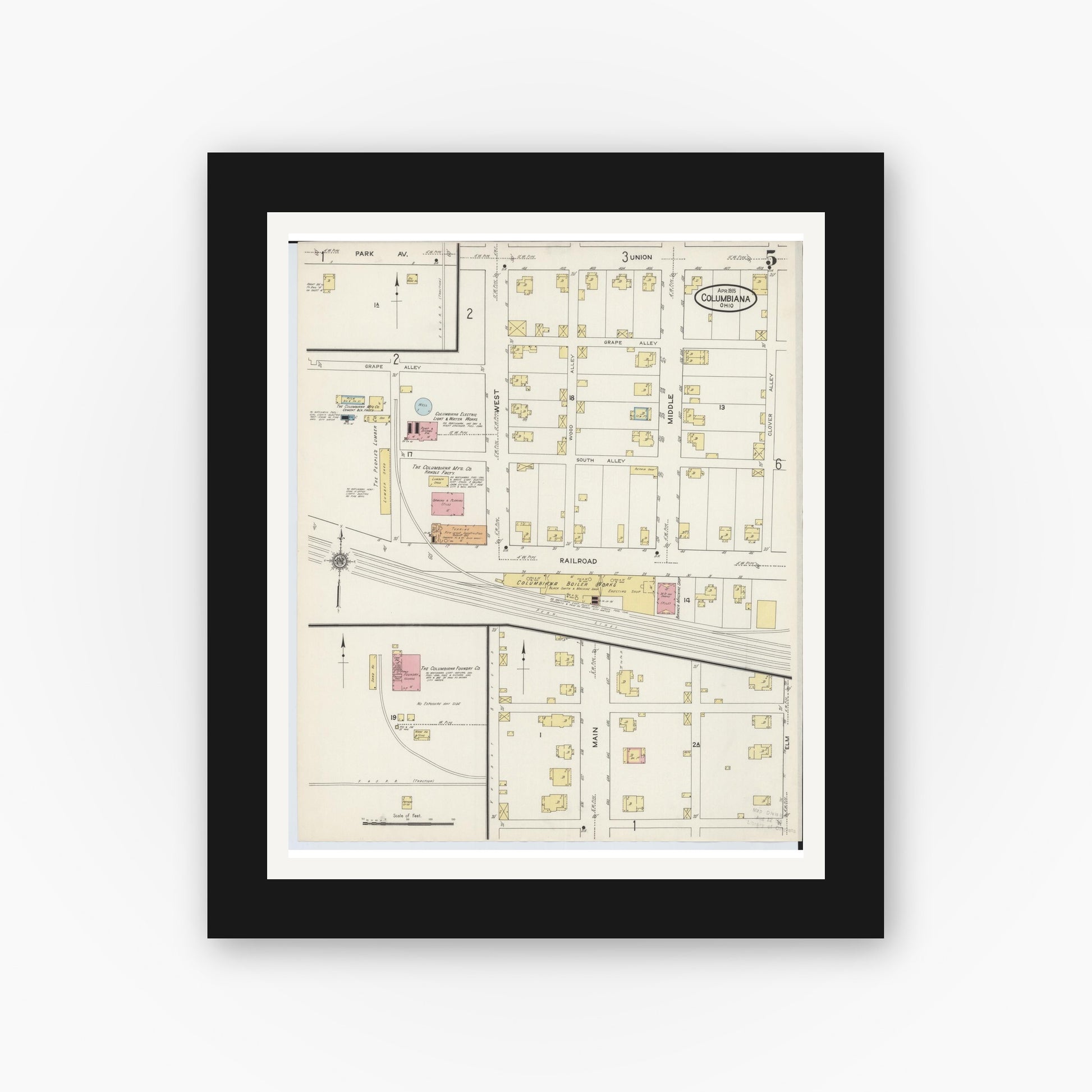 Old map wall art mockup — black gallery frame with white mat — Sanborn Fire Insurance Map from Columbiana, Columbiana County, Ohio (1915), Sheet #0005