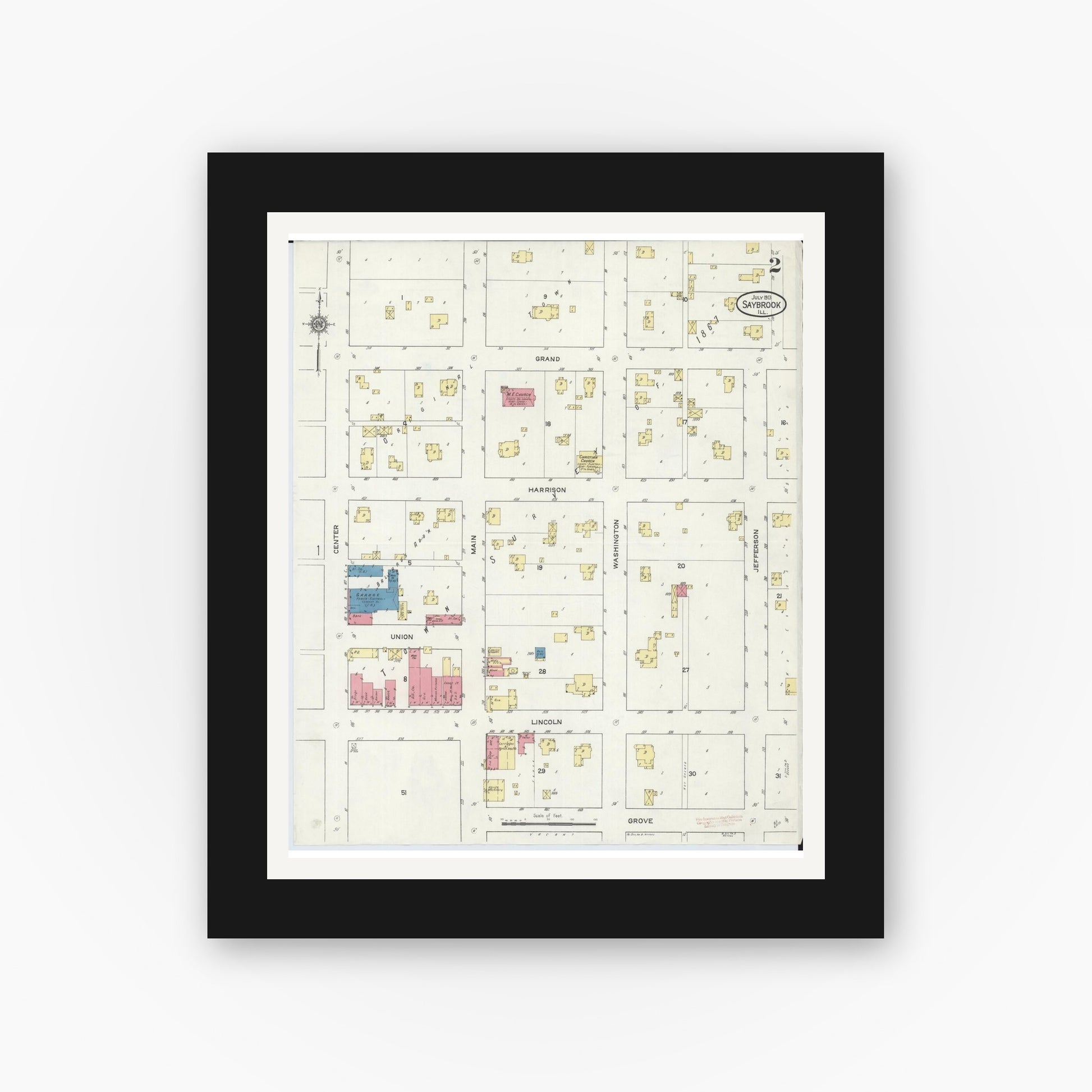 Old map wall art mockup — black gallery frame with white mat — Sanborn Fire Insurance Map from Saybrook, McLean County, Illinois (1913), Sheet #0002