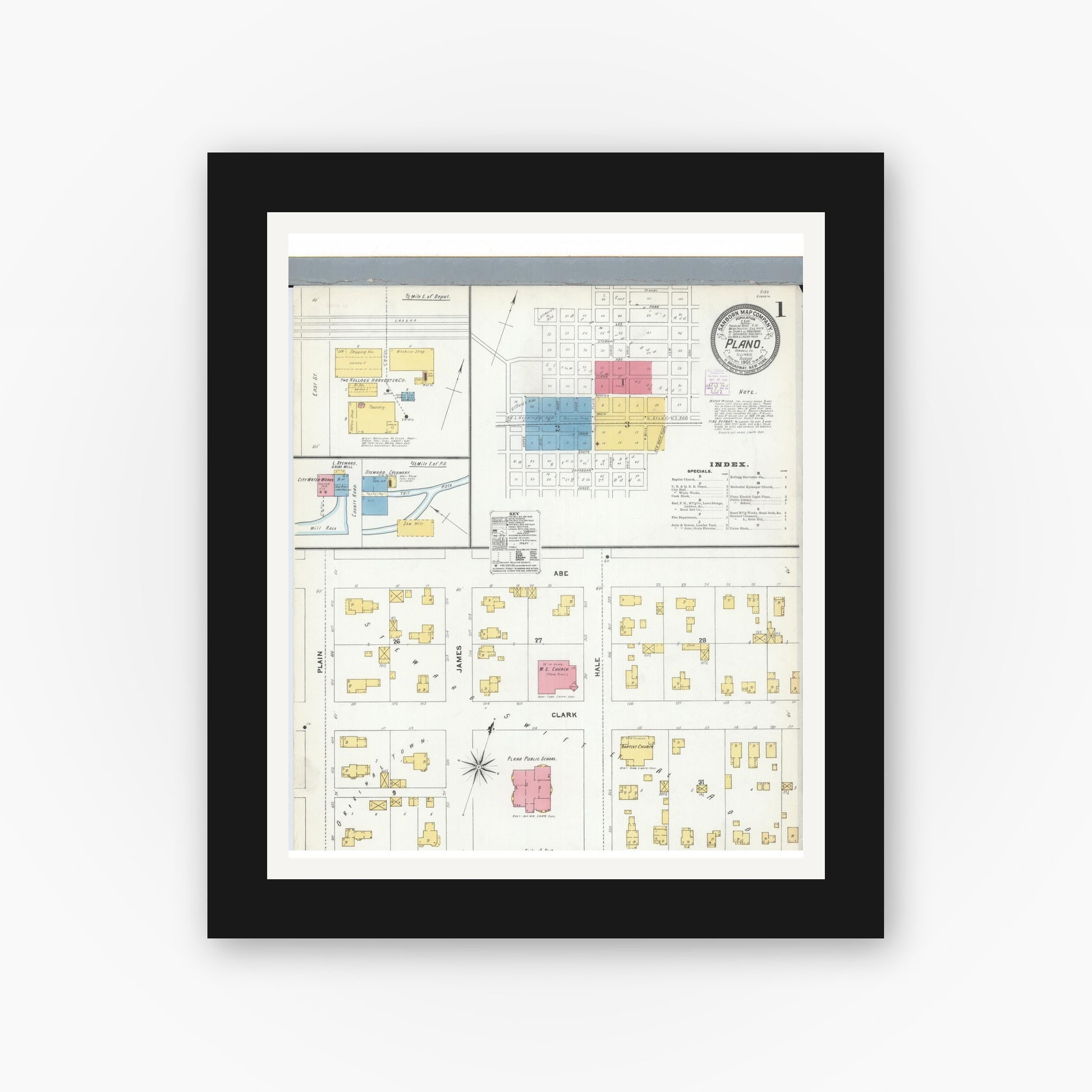 Old map wall art mockup — black gallery frame with white mat — Sanborn Fire Insurance Map from Plano, Kendall County, Illinois (1905) - Complete Map Set