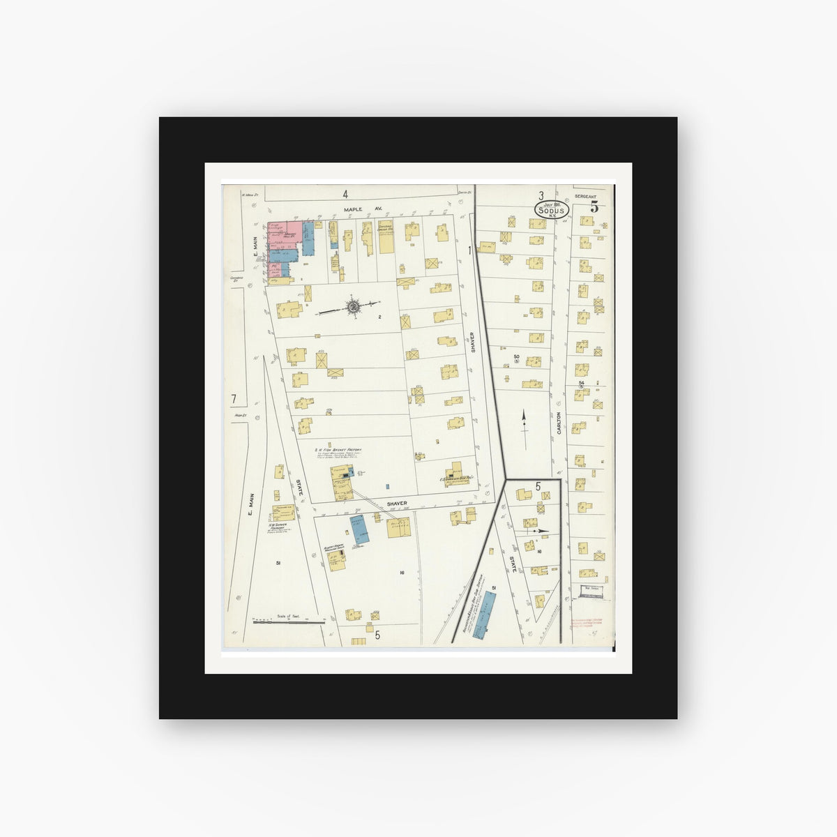 Old map wall art mockup — black gallery frame with white mat — Sanborn Fire Insurance Map from Sodus, Wayne County, New York (1911), Sheet #0005