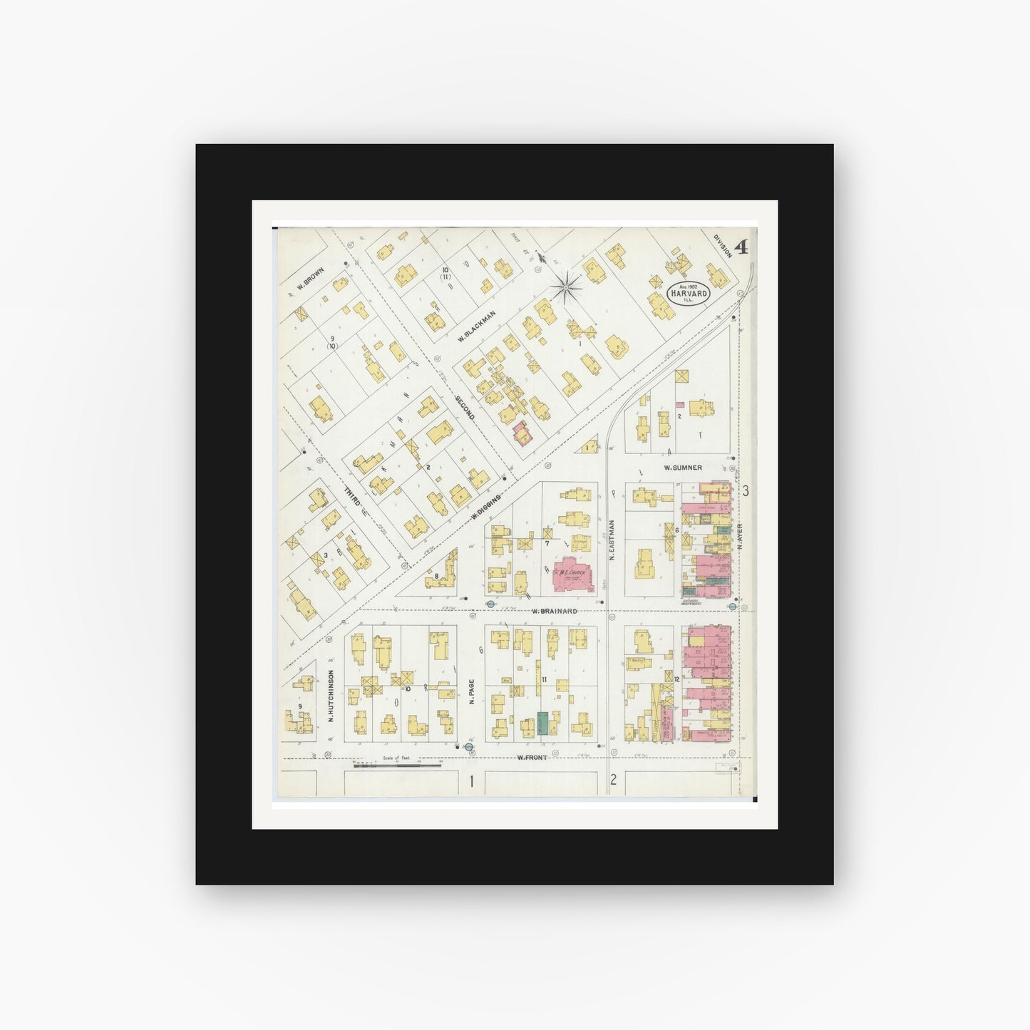 Old map wall art mockup — black gallery frame with white mat — Sanborn Fire Insurance Map from Harvard, McHenry County, Illinois (1902), Sheet #0004