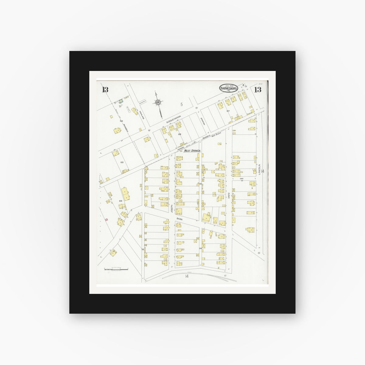 Old map wall art mockup — black gallery frame with white mat — Sanborn Fire Insurance Map from Barnesboro, Cambria County, Pennsylvania (1930), Sheet #0013