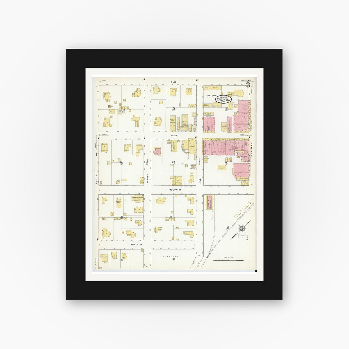 Old map wall art mockup — black gallery frame with white mat — Sanborn Fire Insurance Map from Caldwell, Burleson County, Texas (1915), Sheet #0003