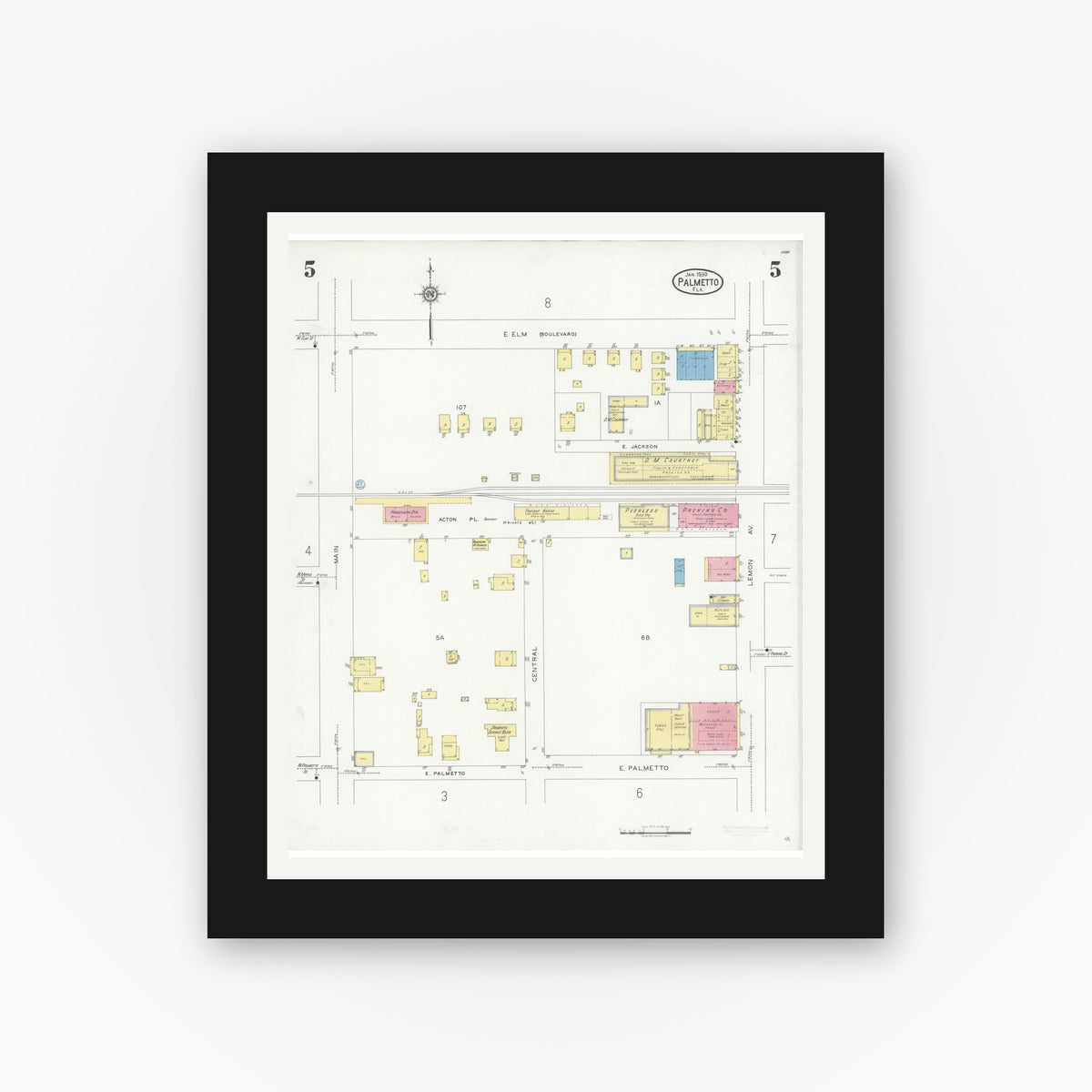 Old map wall art mockup — black gallery frame with white mat — Sanborn Fire Insurance Map from Palmetto, Manatee County, Florida (1930), Sheet #0005