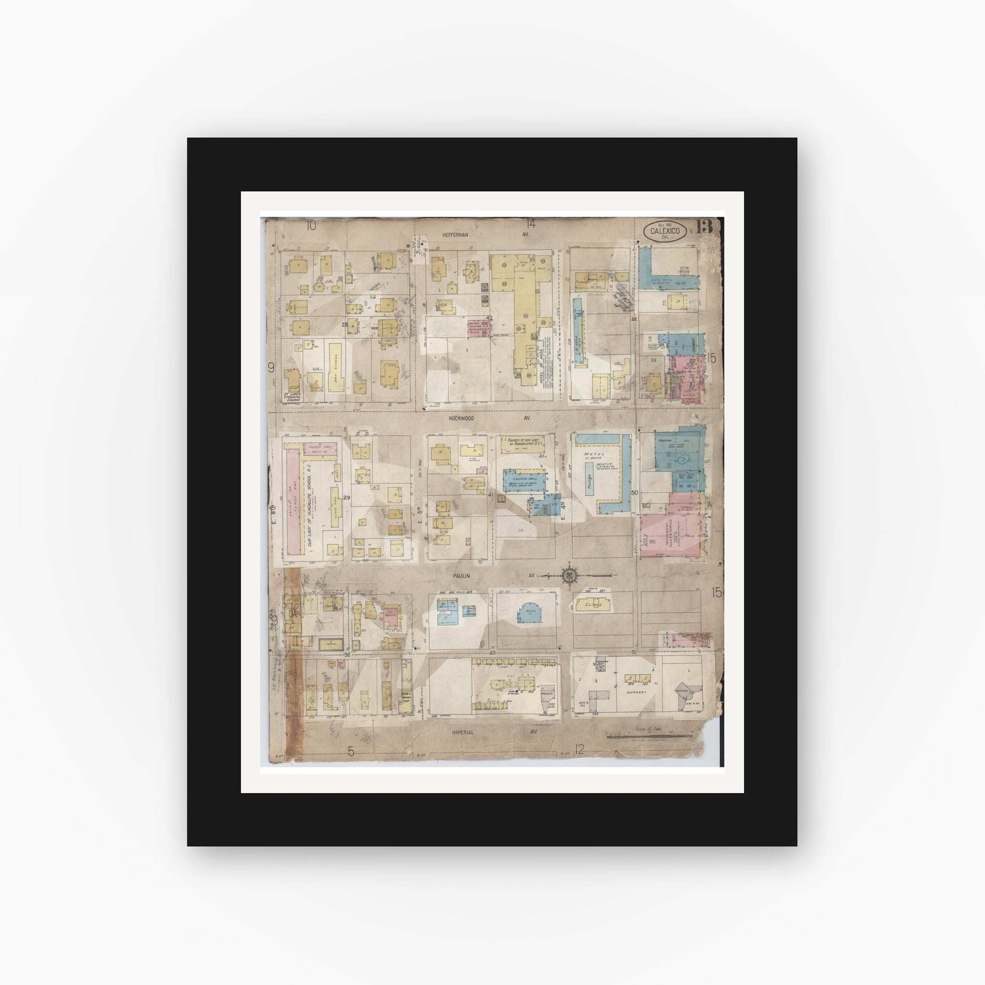 Old map wall art mockup — black gallery frame with white mat — Sanborn Fire Insurance Map from Calexico, Imperial County, California (1956), Sheet #0013