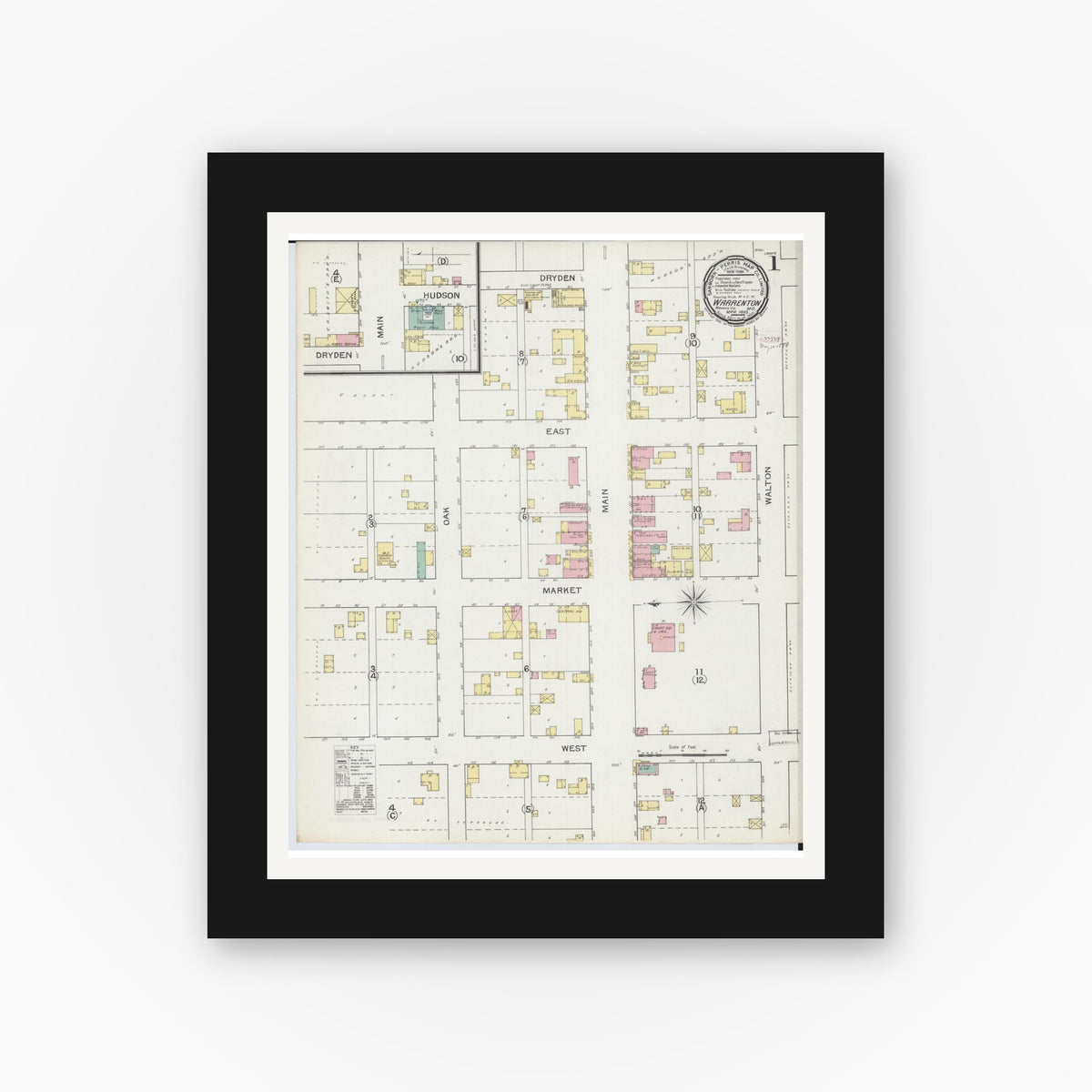 Old map wall art mockup — black gallery frame with white mat — Sanborn Fire Insurance Map from Warrenton, Warren County, Missouri (1893) - Complete Map Set