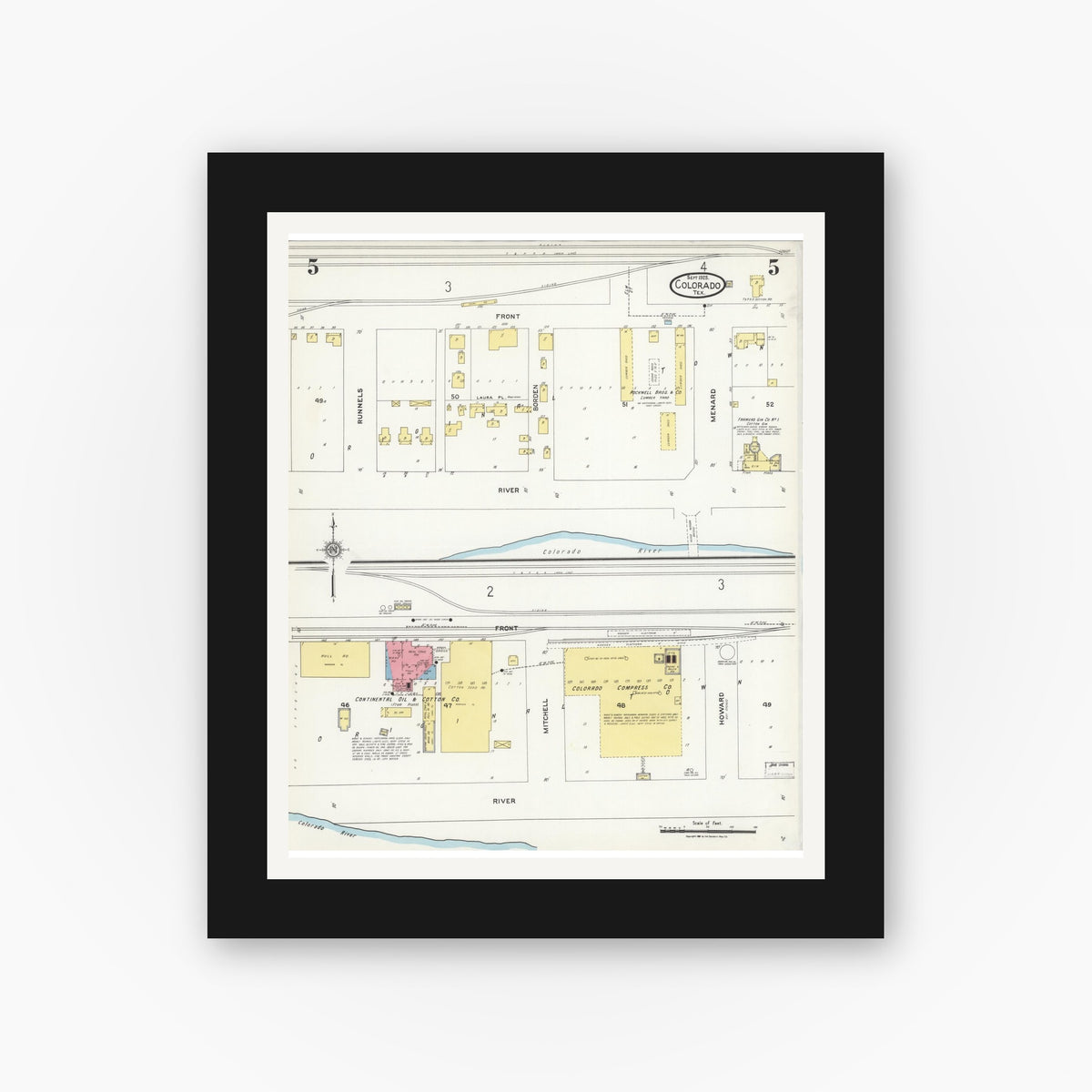 Old map wall art mockup — black gallery frame with white mat — Sanborn Fire Insurance Map from Colorado, Mitchell County, Texas (1925), Sheet #0005