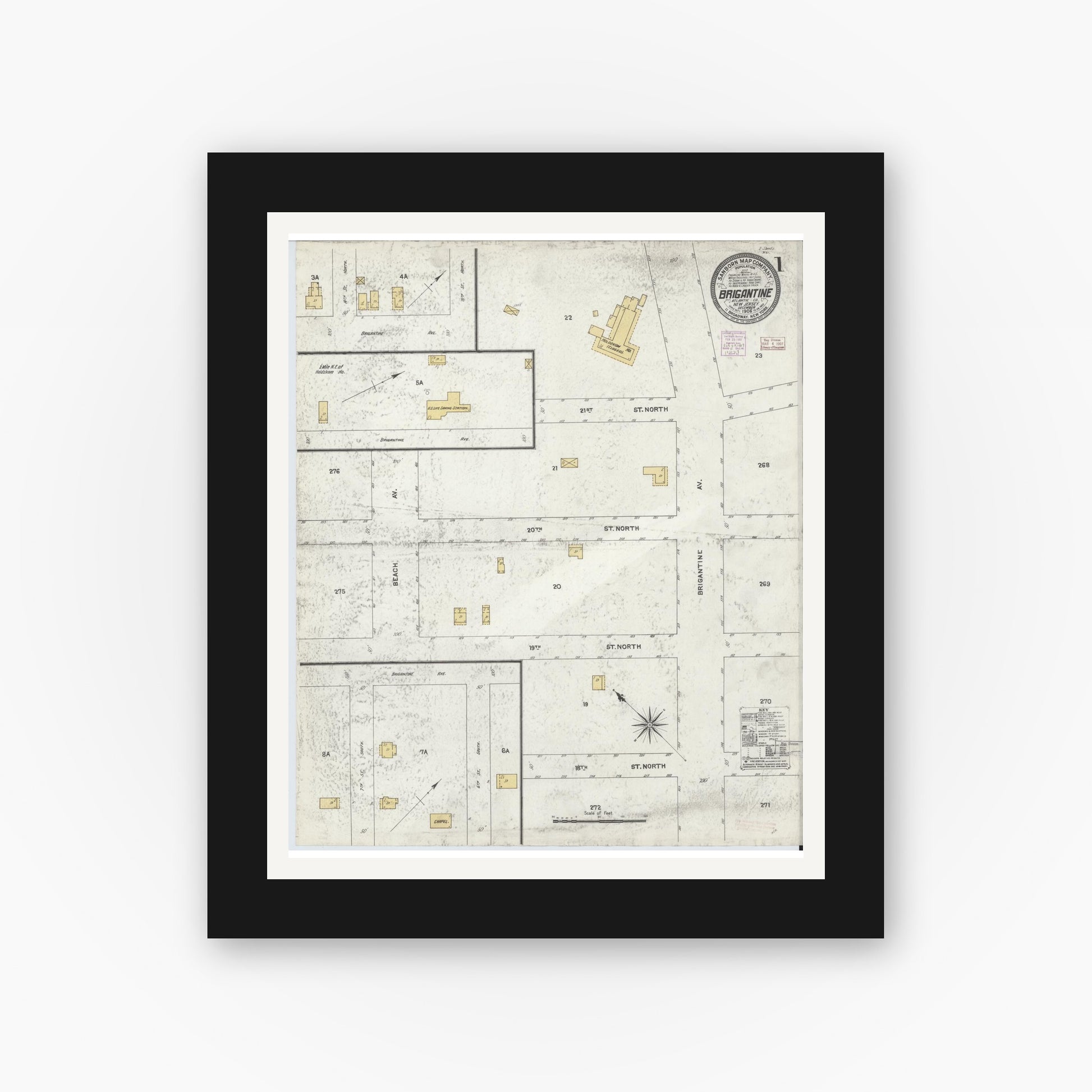 Old map wall art mockup — black gallery frame with white mat — Sanborn Fire Insurance Map from Brigantine, Atlantic County, New Jersey (1906), Sheet #0001