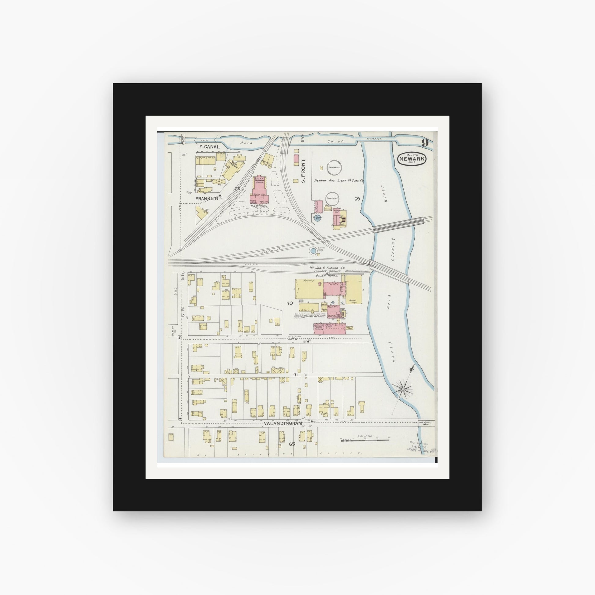 Old map wall art mockup — black gallery frame with white mat — Sanborn Fire Insurance Map from Newark, Licking County, Ohio (1893), Sheet #0009