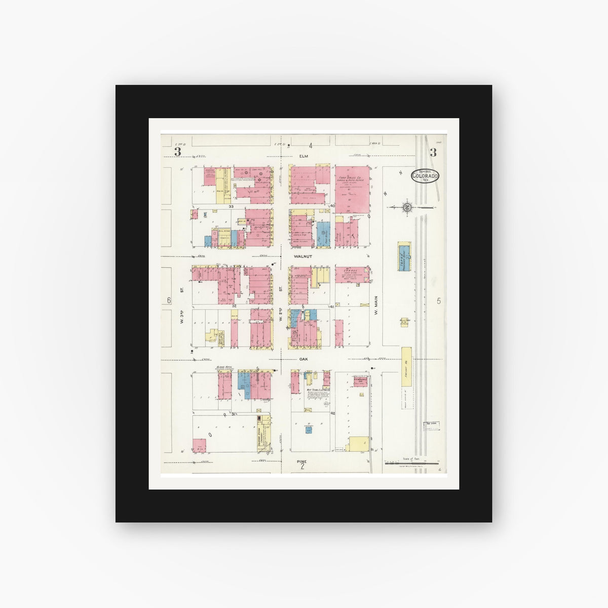 Old map wall art mockup — black gallery frame with white mat — Sanborn Fire Insurance Map from Colorado, Mitchell County, Texas (1925), Sheet #0003