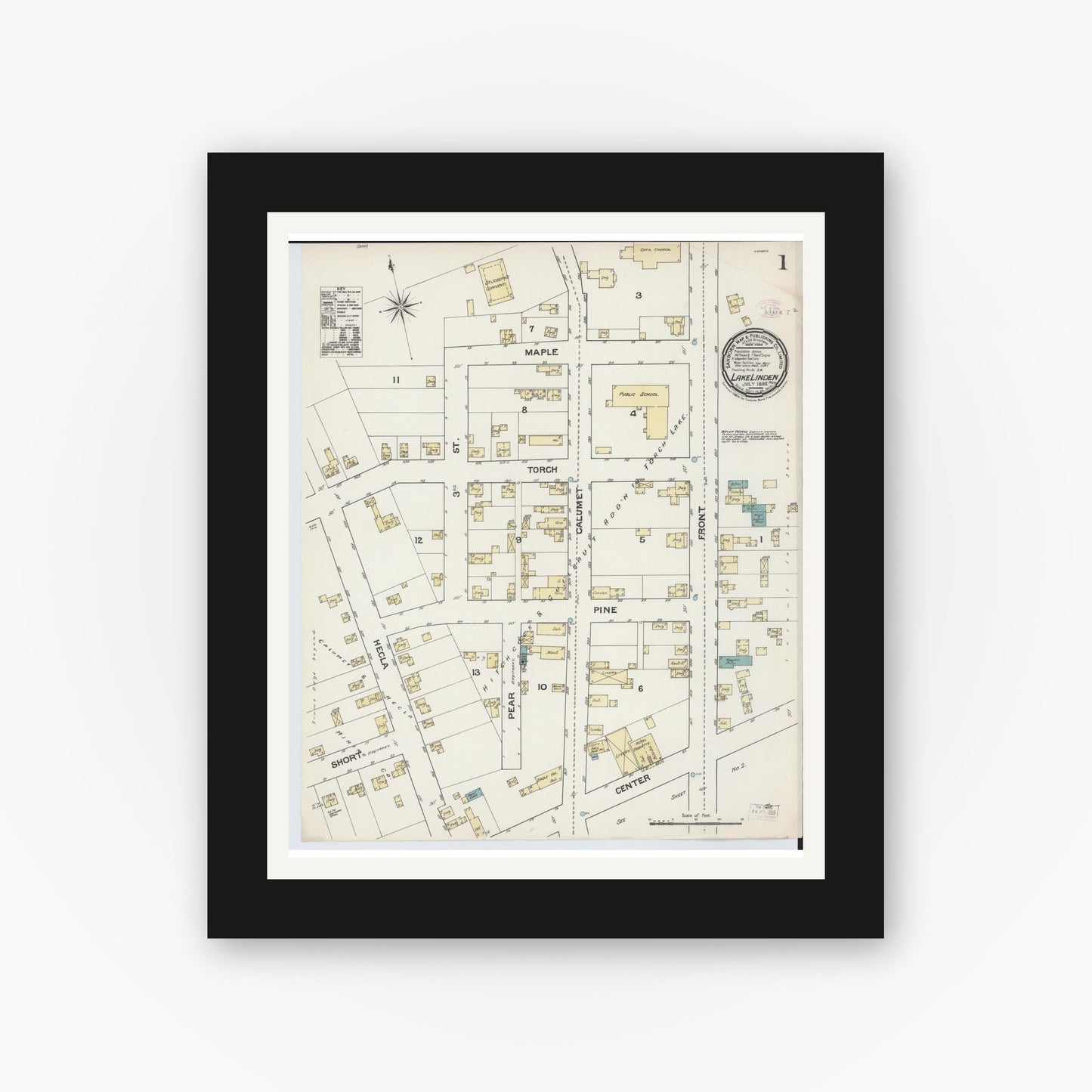 Old map wall art mockup — black gallery frame with white mat — Sanborn Fire Insurance Map from Lake Linden, Houghton County, Michigan (1888) - Complete Map Set