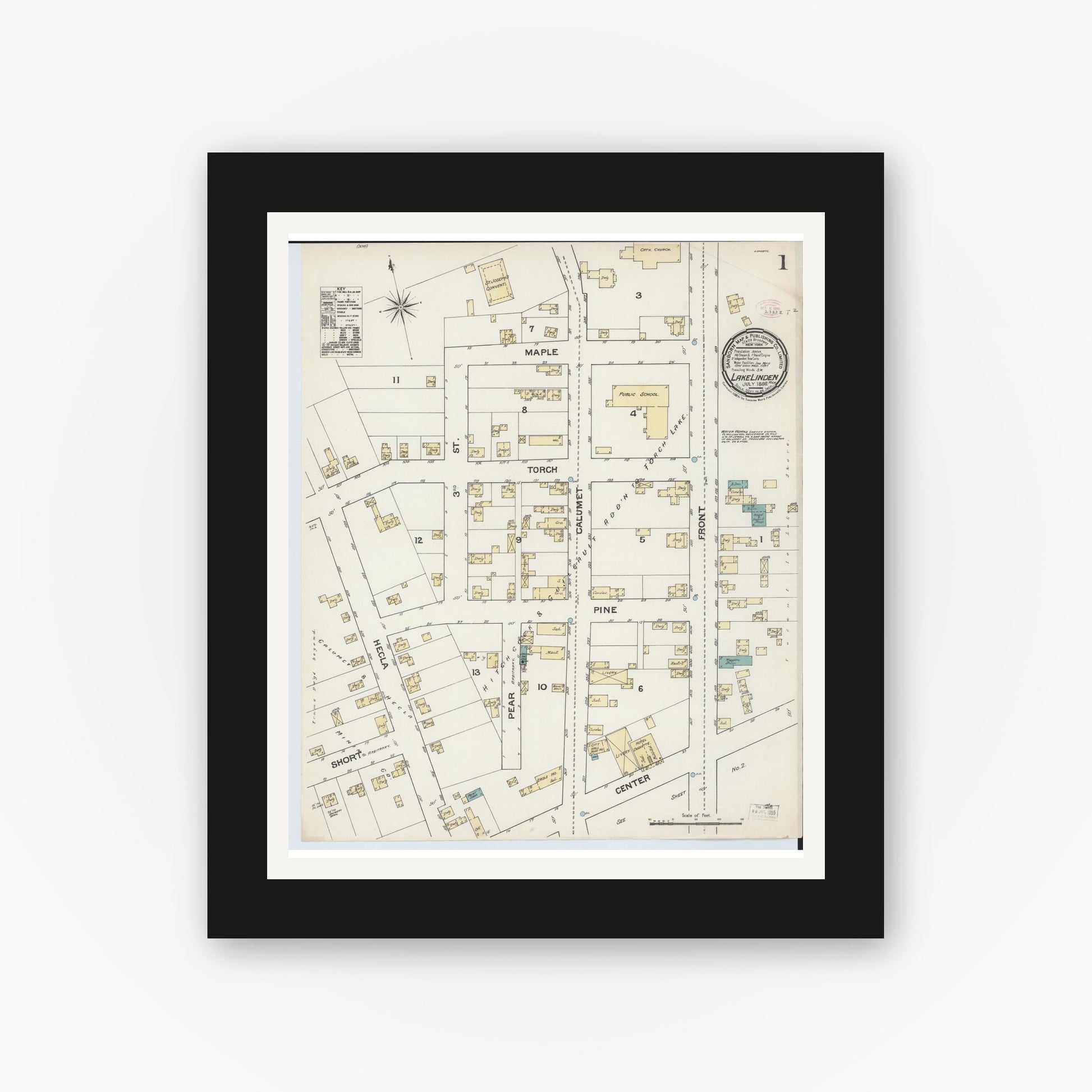 Old map wall art mockup — black gallery frame with white mat — Sanborn Fire Insurance Map from Lake Linden, Houghton County, Michigan (1888) - Complete Map Set